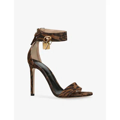 Tom Ford Brown Ocelot-print Suede Padlock Heeled Sandals In Brown