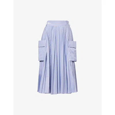 Sacai Womens Light Blue Stripe Striped Pleated Cotton-blend Midi Skirt