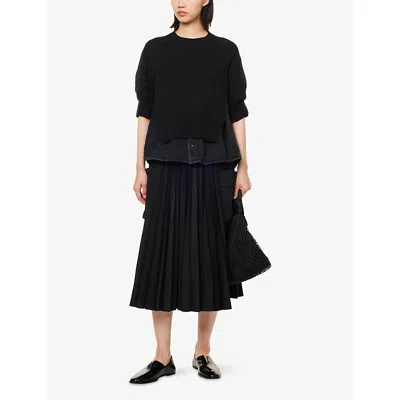 Sacai Womens Black Contrast-denim Short-sleeves Cotton-blend Jumper Xl