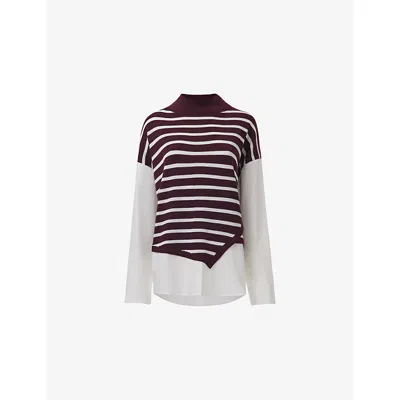 Leem Womens Purple Striped-panel Relaxed-fit Knitted And Cotton Shirt