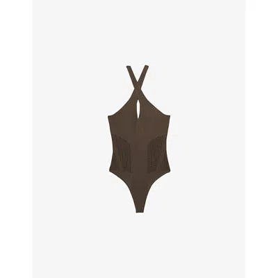 Reiss Womens Mink Nala Halter-neck Cut-out Cotton-blend Bodysuit
