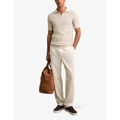 Reiss Mens Ecru Taupe Brown Hall Knitted Cotton-blend Polo Shirt In Neutral