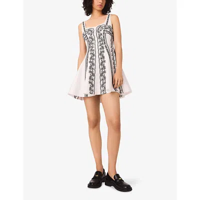 Maje Womens Ecru / Black Floral-embroidered Square-neck Linen-blend Mini Dress