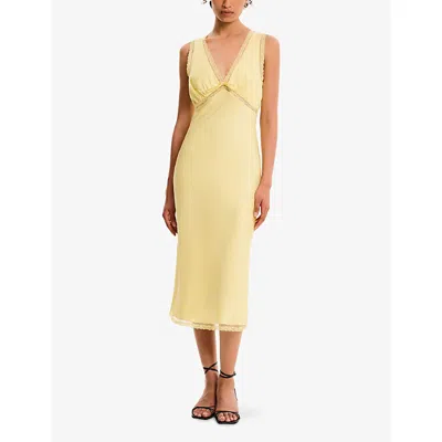Omnes Womens Yellow Maisie V-neck Lace-trim Satin Midi Dress