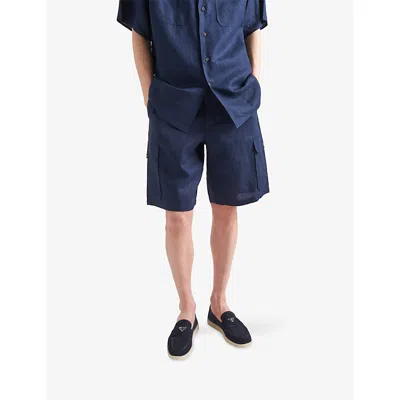 Prada Almond Toe Suede Loafers With Rubber Sole In Blue
