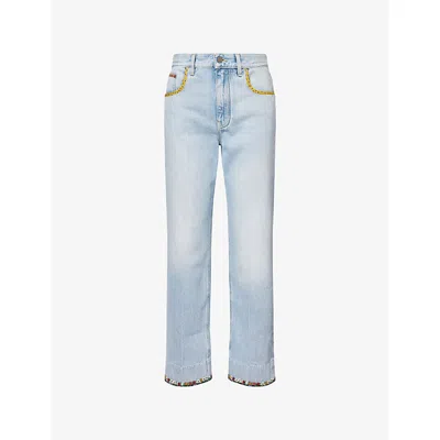 Valentino Womens Denim Blu Lav Chiaro Embroidered Straight-leg Denim Jeans In Blue