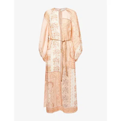 Zimmermann Womens Peach Bandana Lucky Balloon-sleeves Linen Midi Dress Xs