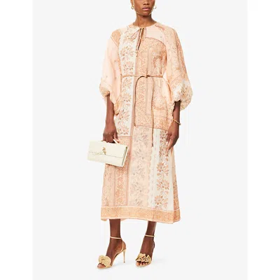 Zimmermann Womens Peach Bandana Lucky Balloon-sleeves Linen Midi Dress Xs