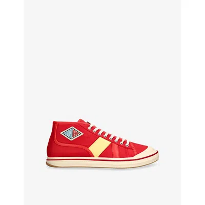 Bottega Veneta Mens Red Comb Eliot Canvas And Leather Mid-top Trainers Eur 46 / 12 Uk