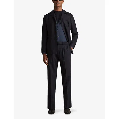 Reiss Mens Navy Strap Belted-waist Tapered-leg Stretch Wool-blend Trousers