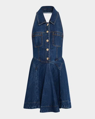 Self-portrait Blue Cotton Denim Flared Mini Dress In Blue