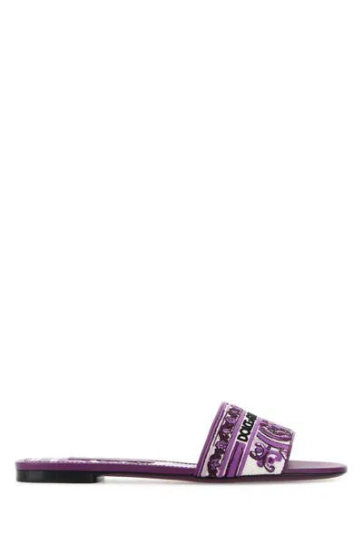 Dolce & Gabbana Violet Sandals With Logo Embroidery On The Front And All-over Majolica Motif In Cotton Blend Woman