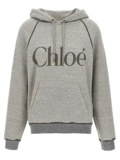 Chloé Hooded Cotton Blend Sweatshirt With Kangaroo Pocket In Gray