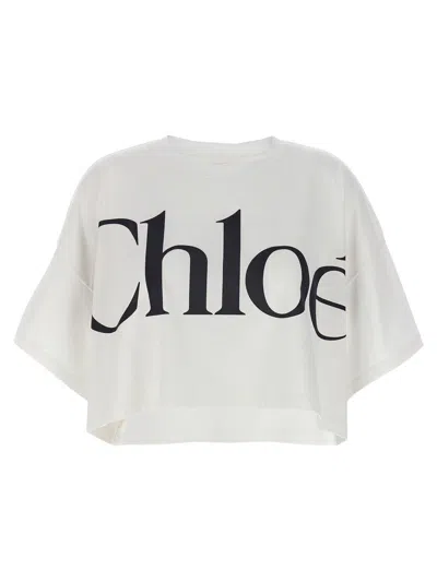Chloé White Cropped T-shirt With Logo Lettering Print In Cotton Woman In White