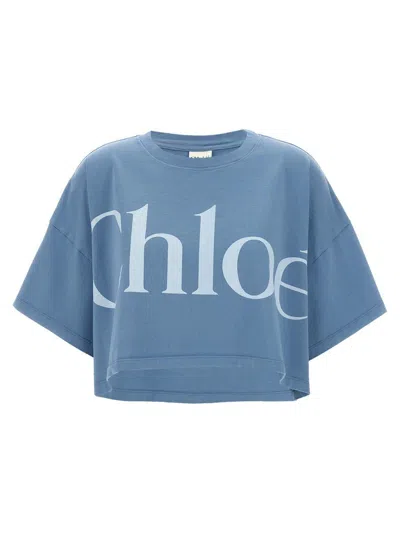 Chloé Oversize Signature Logo Crop Graphic T-shirt In Blue