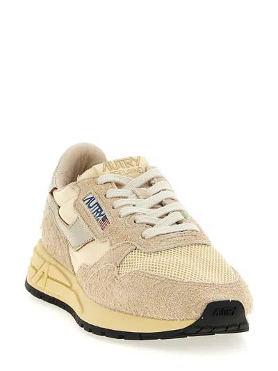 Autry Reelwind Low Sneakers In Nylon Suede And Leather Color Ecru And Platinum Shoes In Gold