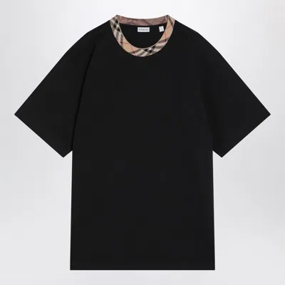Burberry Black Cotton T-shirt With Check Finishes Men In Black