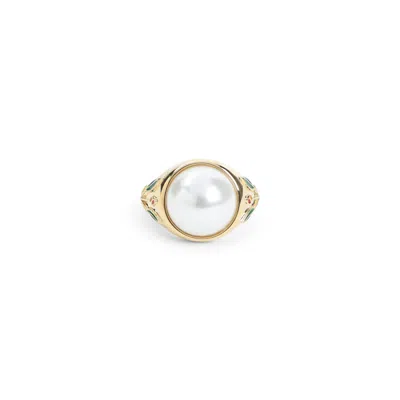 Casablanca Pearl Signet Ring Laurel Detailing In Gold