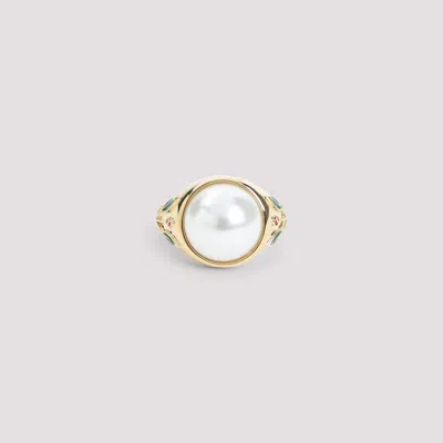 Casablanca Pearl Signet Ring Laurel Detailing In Gold