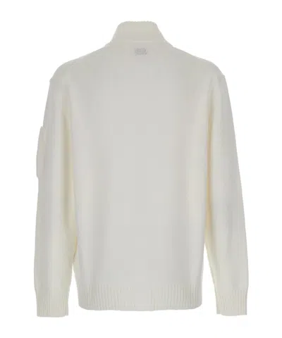 C.p. Company White Cardigan With High Neck And Lens Motif Applied On The Sleeve In White