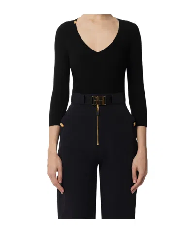 Elisabetta Franchi Rib Knit Top With V-neck In Black