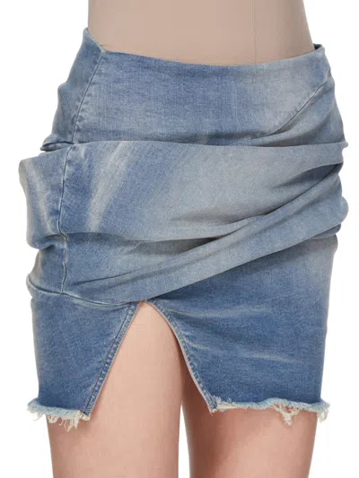 Rick Owens Drkshdw Hollywood Draped Mini Denim Skirt In Blue