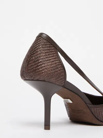 Max Mara Straw Leather-trimmed Raffia-effect Pumps In Brown