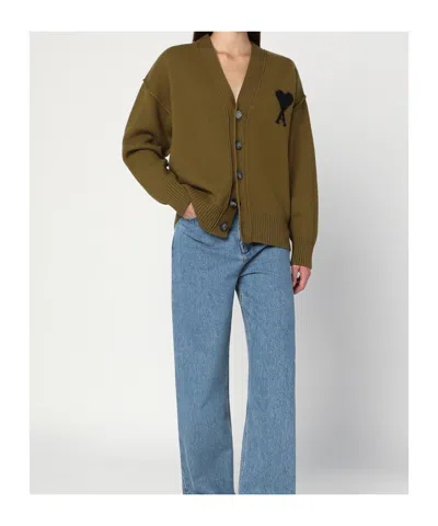 Ami Alexandre Mattiussi Long-sleeved Knitted Cardigan In Green