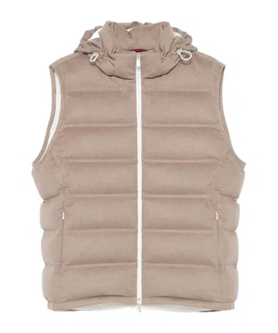 Brunello Cucinelli Men Sleeveless Wool Down Jacket With Detachable Hood In Pink