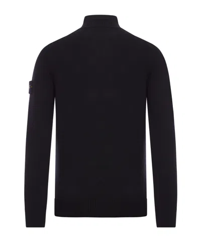 Stone Island High Collar Pullover With Buttoned Placket And Logo Patch In Black