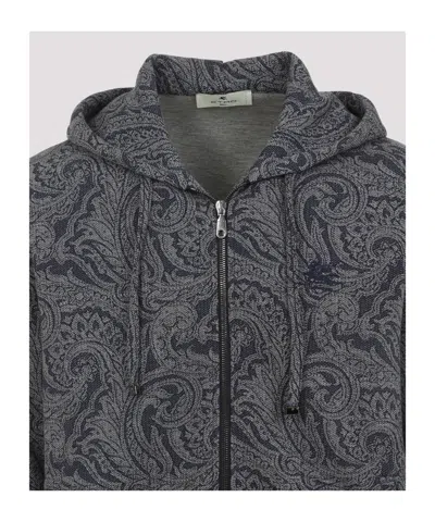 Etro Paisley Print Zip-up Hooded Sweatshirt In Gray