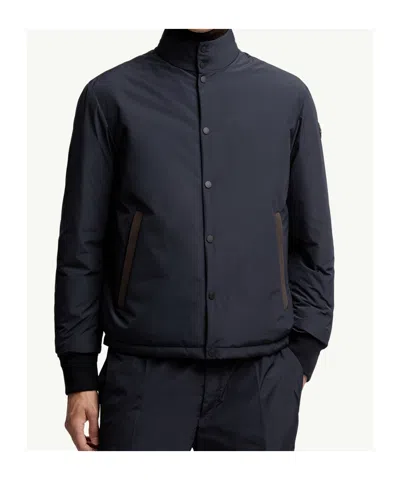 Moncler Doudoune Courte À Bords En Cuir Lanques In Blue