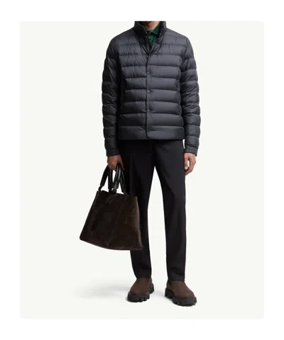 Moncler Padded High Collar Snap Button Down Jacket In Gray