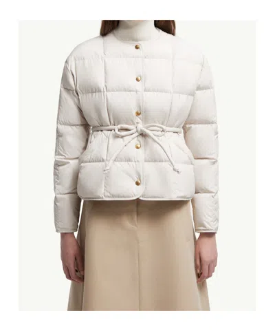 Moncler Belted Leather-trimmed Down Jacket In White
