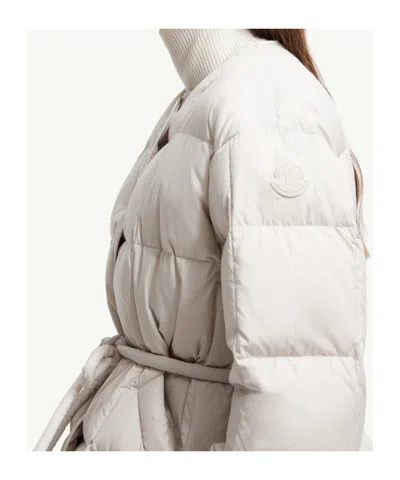 Moncler Belted Leather-trimmed Down Jacket In White