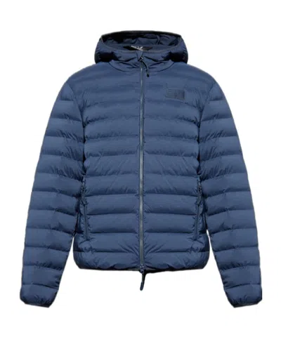 Ea7 Long-sleeved Hooded Cotton Coat In Blue
