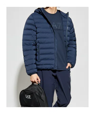 Ea7 Long-sleeved Hooded Cotton Coat In Blue