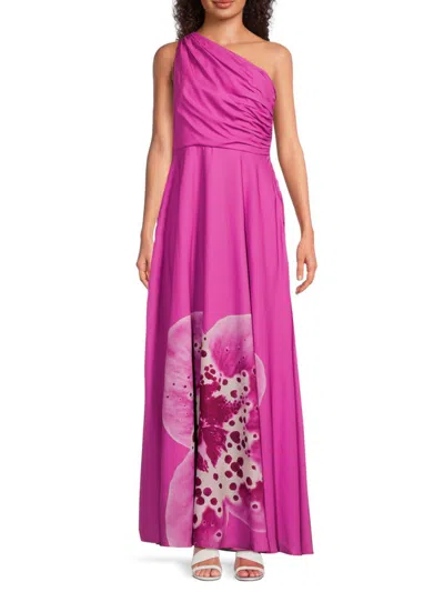 Amur Women's Atlas Orchid One-shoulder Floral-print Gown