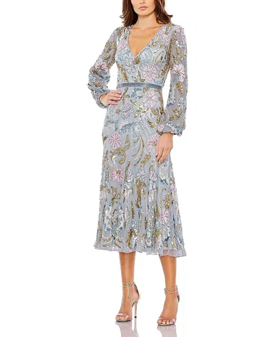 Mac Duggal Elegant Long Cuff Sleeve Embellished Midi Dress In Multi