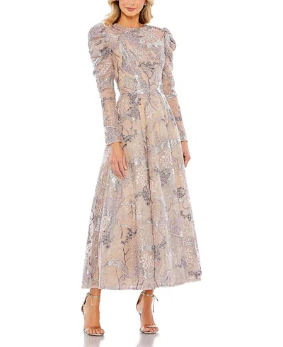 Mac Duggal Embellished High Neck Puff Sleeve A-line Dress
