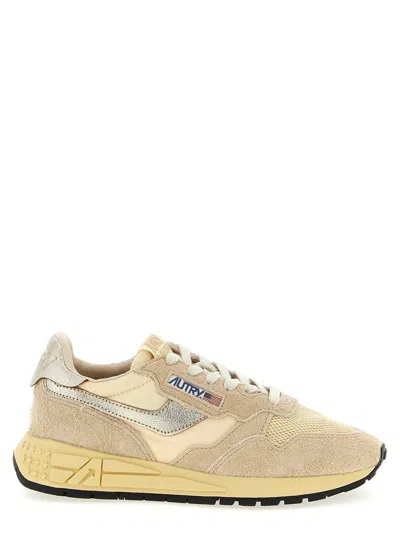 Autry Reelwind Low Sneakers In Nylon Suede And Leather Color Ecru And Platinum Shoes In Gold