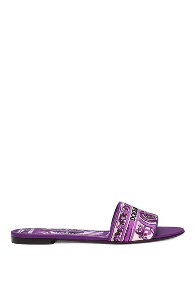 Dolce & Gabbana Violet Sandals With Logo Embroidery On The Front And All-over Majolica Motif In Cotton Blend Woman In Purple