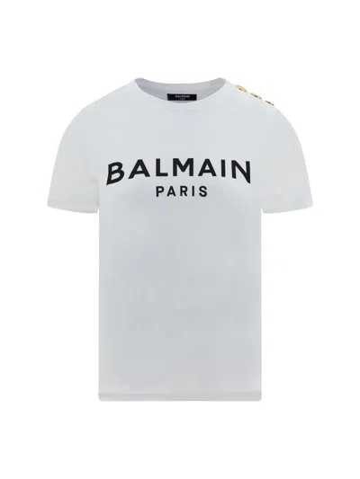 Balmain White Crewneck T-shirt With Logo Print And Golden Buttons In Jersey Woman In White