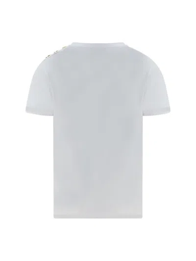 Balmain White Crewneck T-shirt With Logo Print And Golden Buttons In Jersey Woman In White