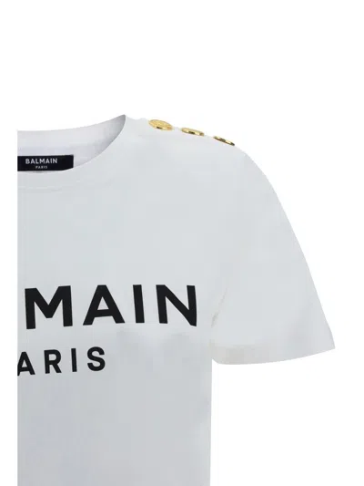 Balmain White Crewneck T-shirt With Logo Print And Golden Buttons In Jersey Woman In White