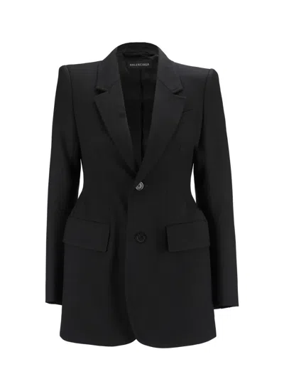 Balenciaga Structured Wool Blazer Jacket With Padded Shoulders In Black