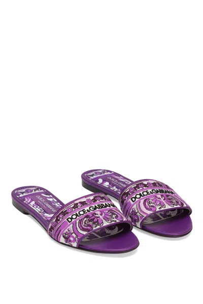 Dolce & Gabbana Violet Sandals With Logo Embroidery On The Front And All-over Majolica Motif In Cotton Blend Woman In Purple