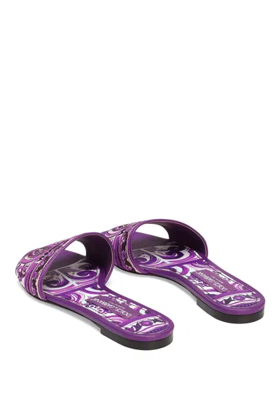 Dolce & Gabbana Violet Sandals With Logo Embroidery On The Front And All-over Majolica Motif In Cotton Blend Woman In Purple