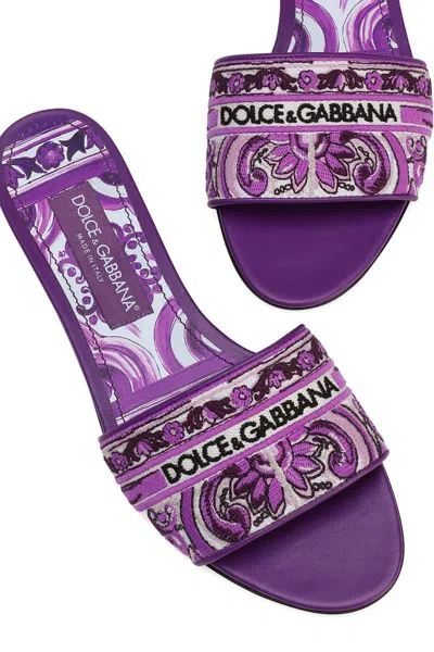 Dolce & Gabbana Violet Sandals With Logo Embroidery On The Front And All-over Majolica Motif In Cotton Blend Woman In Purple
