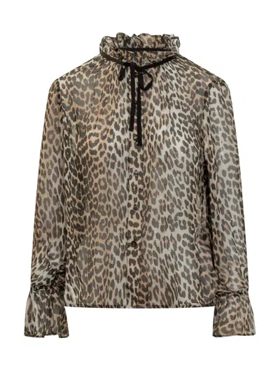 Ganni Printed Viscose Chiffon Tie String Shirt Shirts Animalier In Animal Print